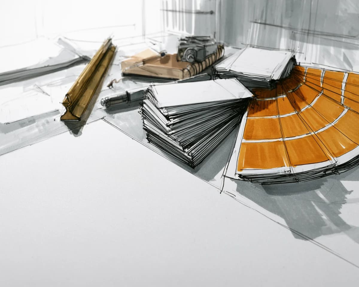 Storyboard sketch: a stack of business cards, an amber swatch fan and a brass ruler on a desk