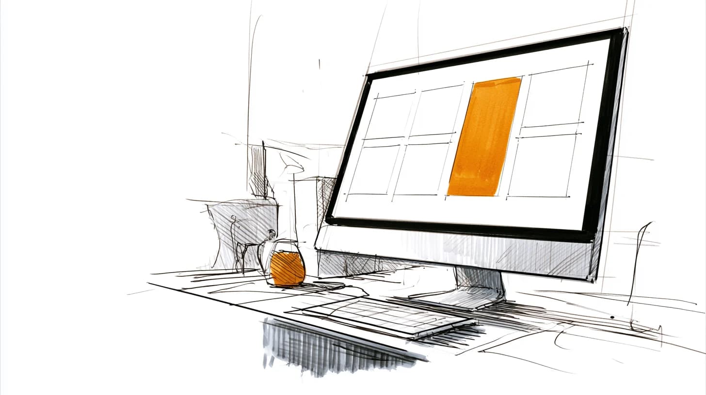 Storyboard sketch: a monitor showing a wireframe layout with one amber panel