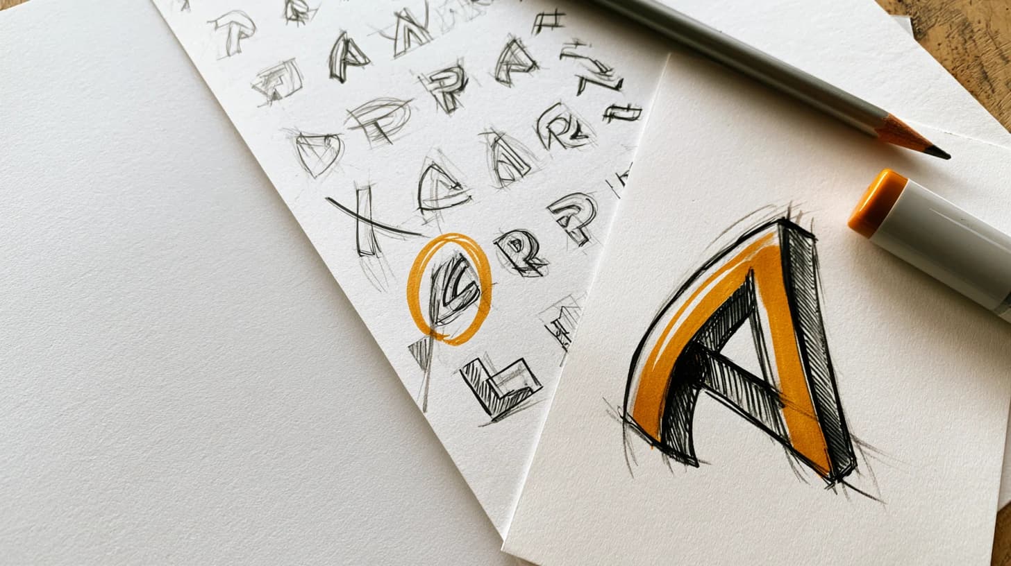 Storyboard sketch: a logo exploration sheet with one mark circled and redrawn large in amber