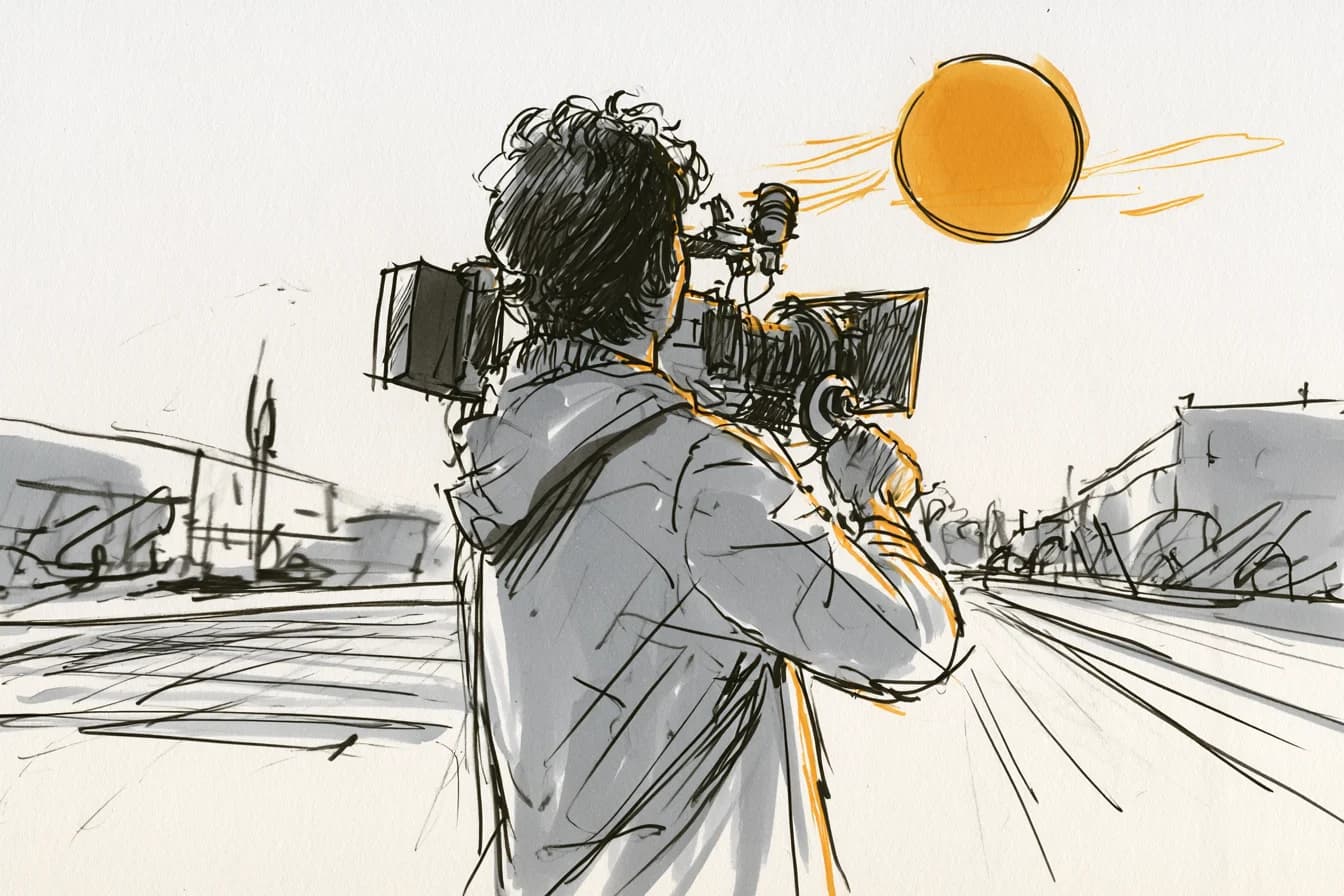 Storyboard sketch: a camera operator from behind under an amber sun on a street