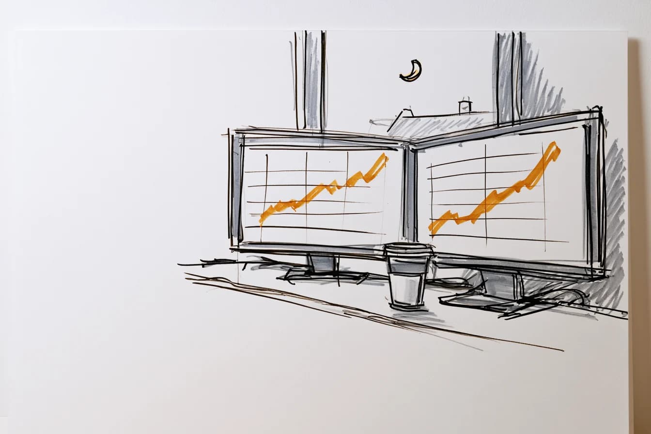 Storyboard sketch: two monitors with rising amber charts at night, a coffee cup and a crescent moon