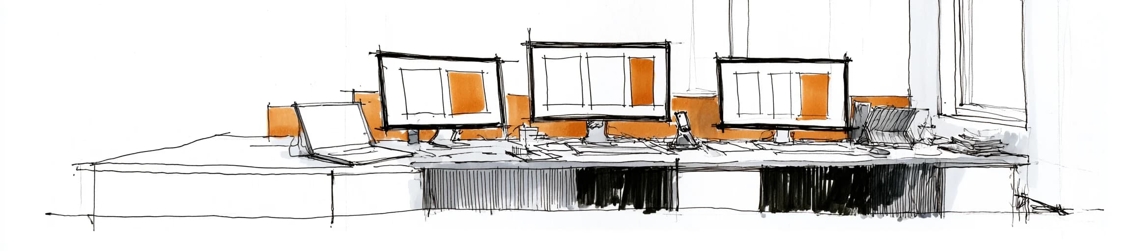 Storyboard sketch: a long desk of laptops and monitors showing wireframes, a window at the right
