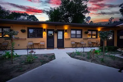 Cabins 4 and 5 at golden hour, sun off-frame