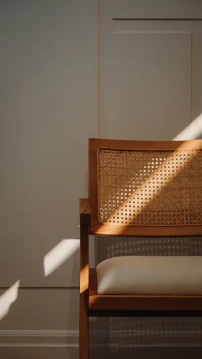 Cane lounge chair backlit by directional sun on a Davenport Road wall.