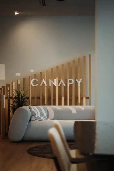 The Canapy showroom on Davenport Road, vertical timber slats.