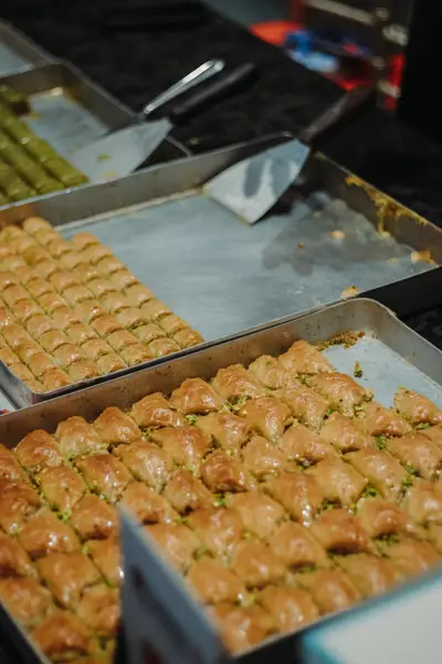 A close-up of baklava at a pastry vendor