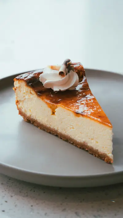 A slice of cheesecake with caramel and a cream rosette on a pale plate