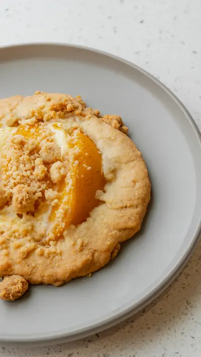 A peach crumble cookie on a white plate