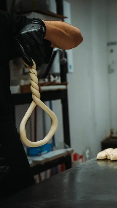 A gloved hand lifting a rope of dough above the bench