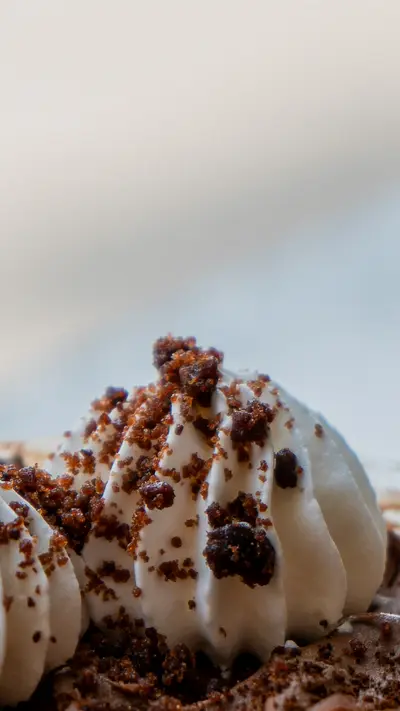 A piped cream swirl finished with cocoa crumb