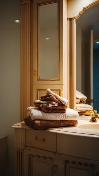 Folded towels on a vanity below a gilt mirror