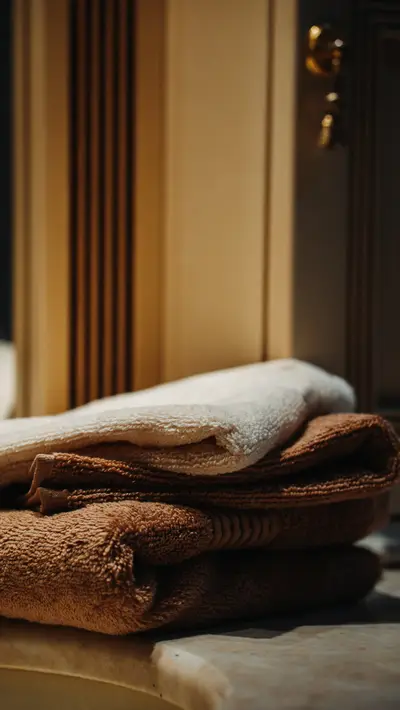 A stack of brown and cream towels on a bench