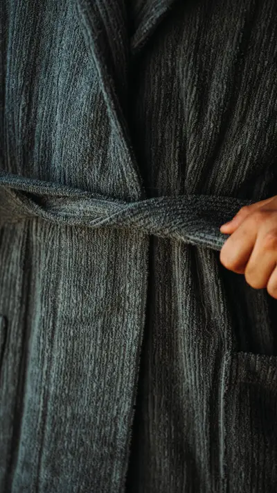 A grey textured robe tied at the waist