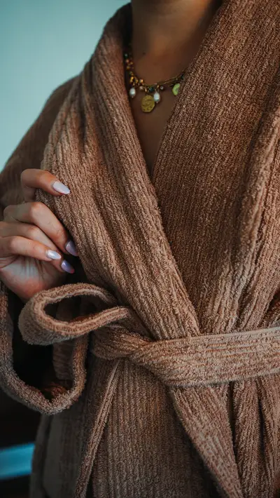 A rose-coloured robe tied at the waist