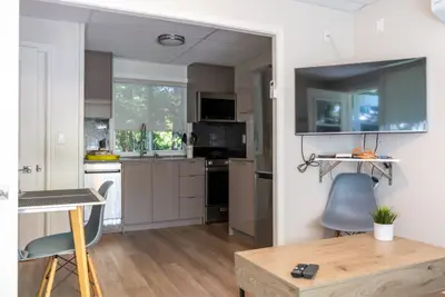 A studio unit looking through to the kitchen