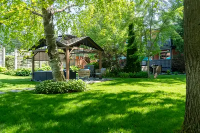 A gazebo on the lawn among tall trees