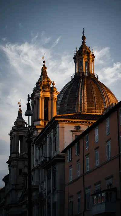 Church domes and a bell tower above the rooftops