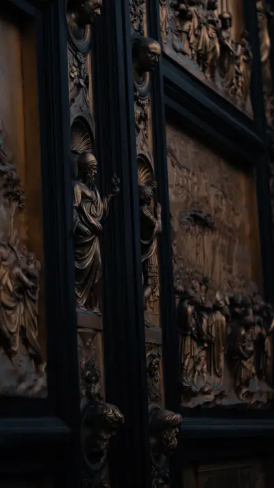 Bronze doors worked in figurative relief