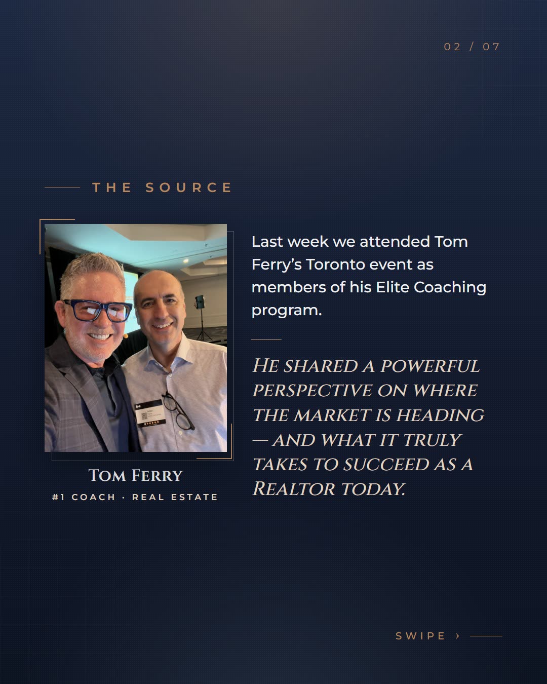 Carousel slide crediting Tom Ferry's Toronto event, with a photo of Beril and Sedat