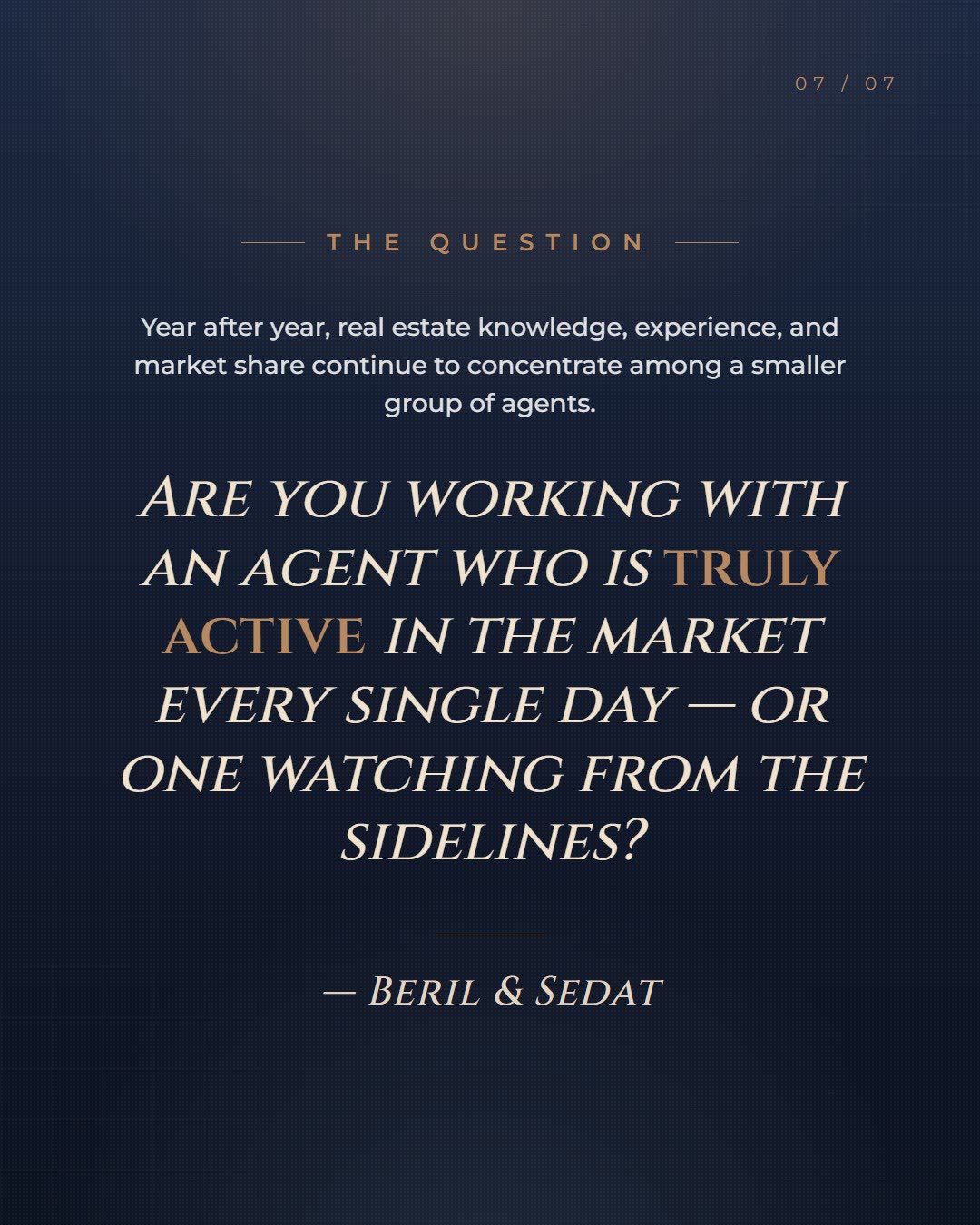 Closing carousel slide asking whether your agent is truly active, signed Beril and Sedat