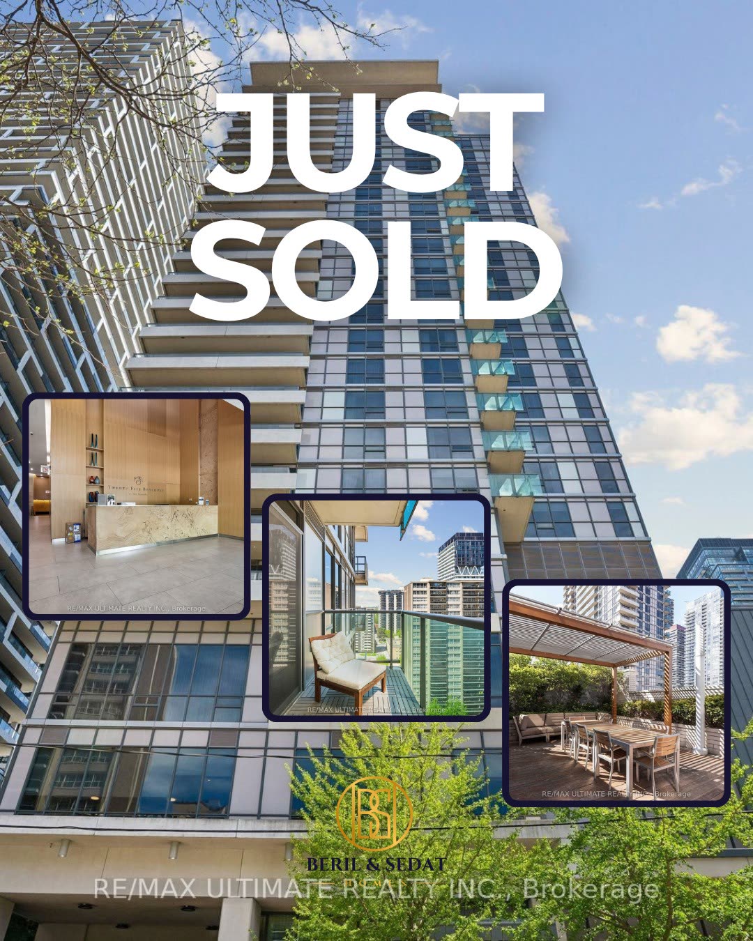 Just Sold announcement for 25 Broadway Avenue over a photo of the tower