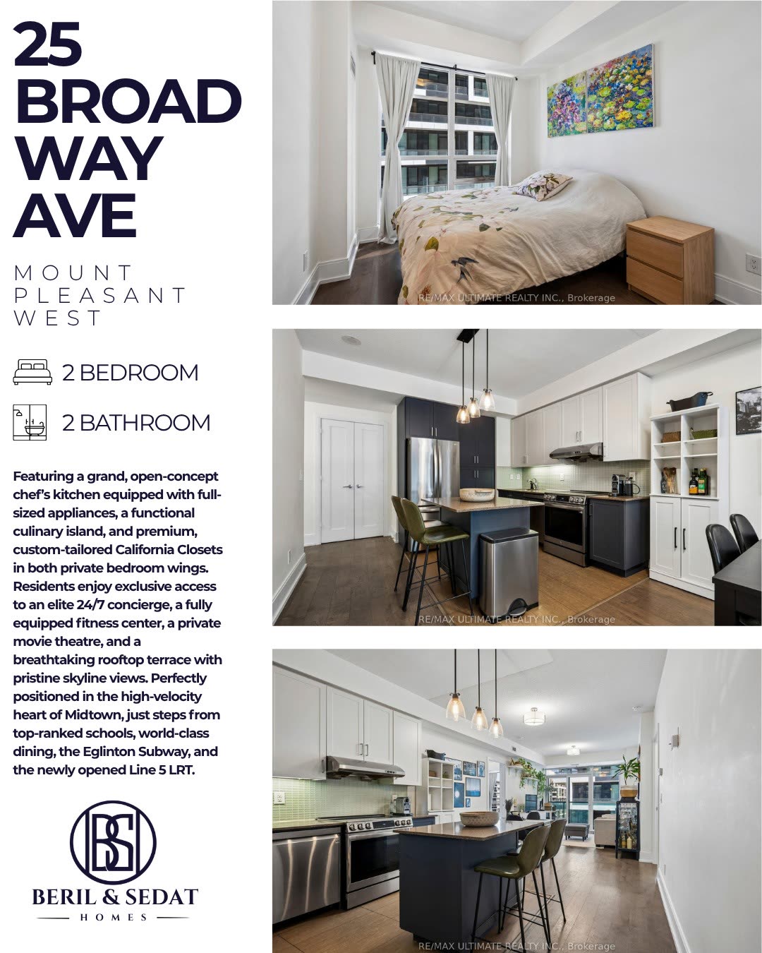 Specification card for 25 Broadway Avenue listing two bedrooms and two bathrooms