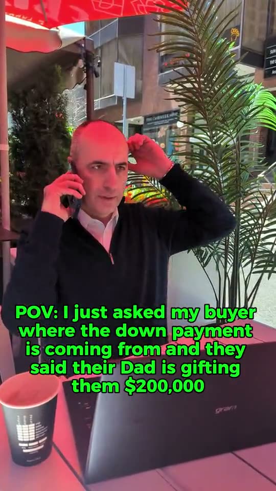 Sedat on the phone, caption about a buyer receiving a gifted down payment