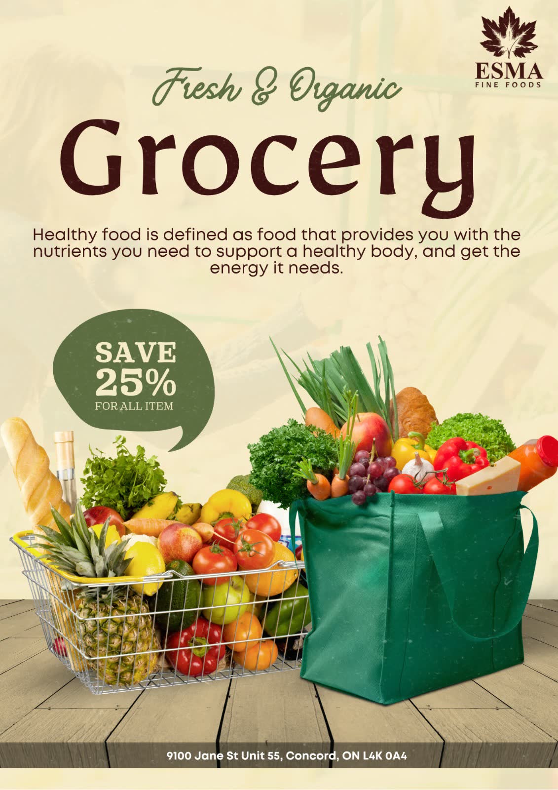 Esma promo poster — a wire basket and a green tote overflowing with produce on cream, with a 25% saving bubble