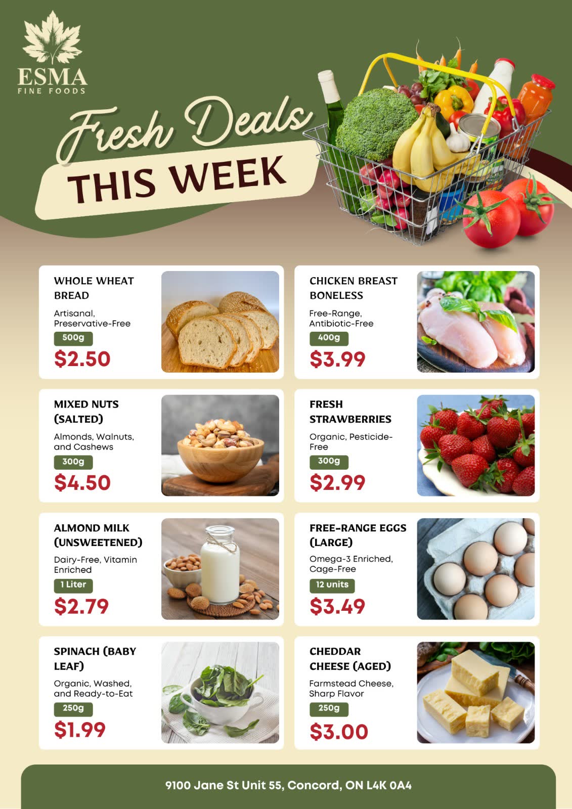 Weekly deals board — eight product cards with photo, description, weight and price on cream