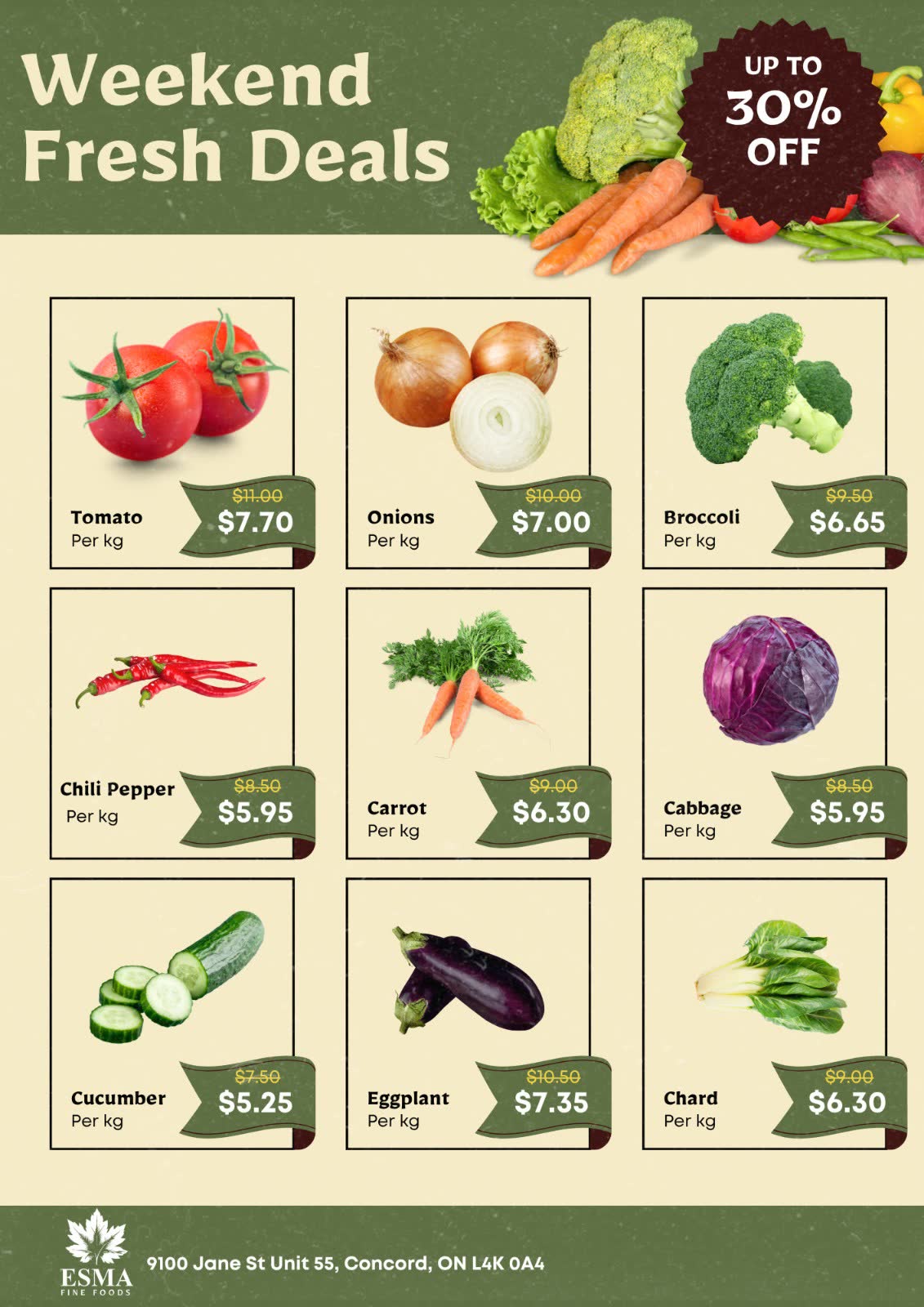 Weekend deals board — nine produce cards with per-kilo prices, old prices struck through