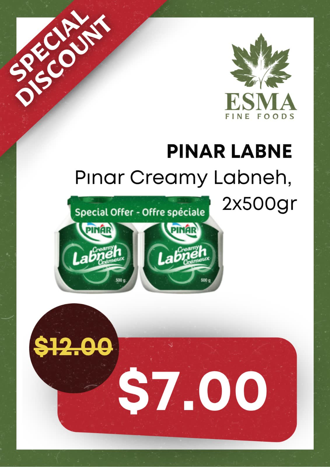 Single-product discount card for Pınar creamy labneh twin pack, old price crossed out beside a large new price