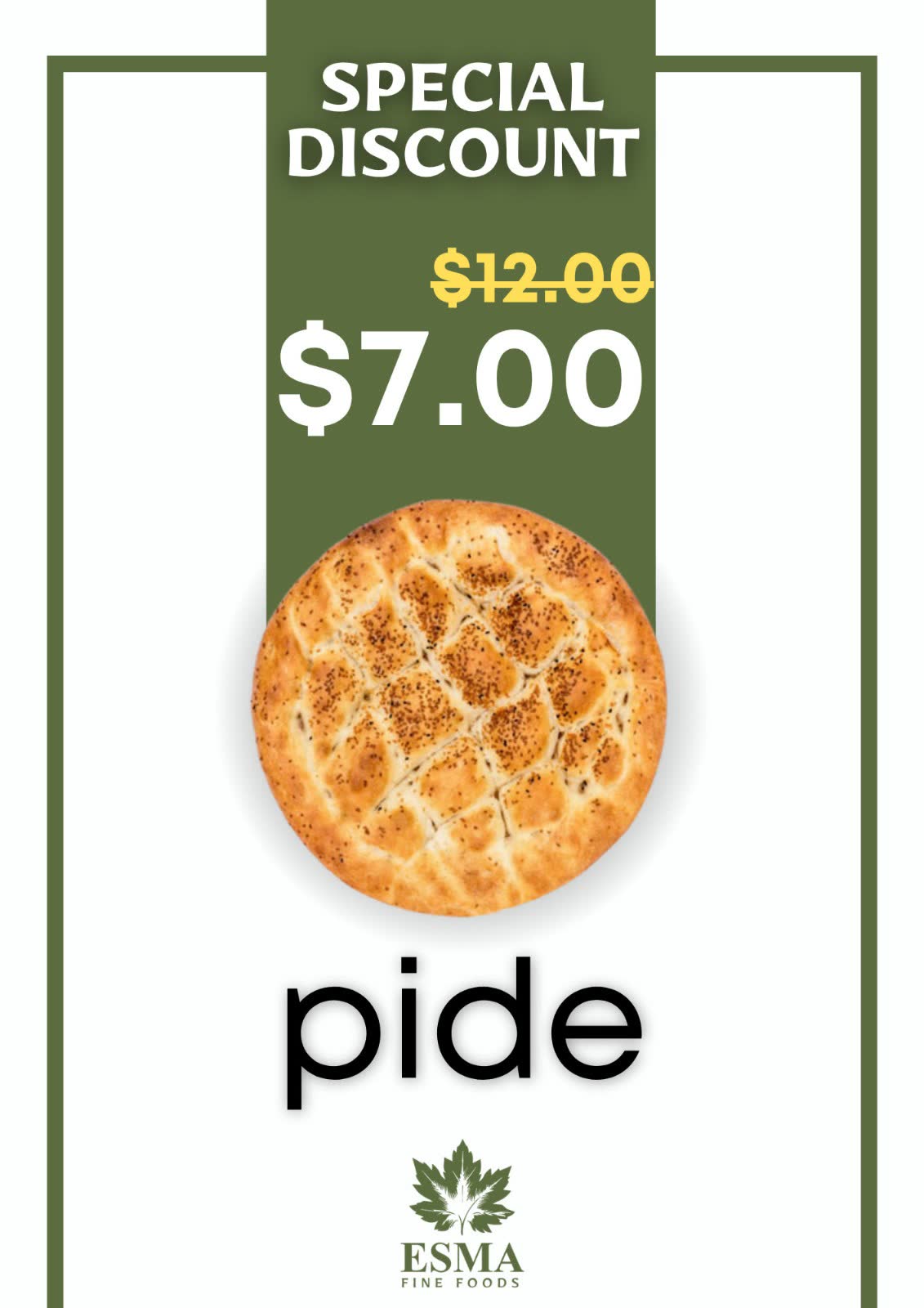 Minimal discount card — a round pide on white inside an olive frame, old price struck through above the new one
