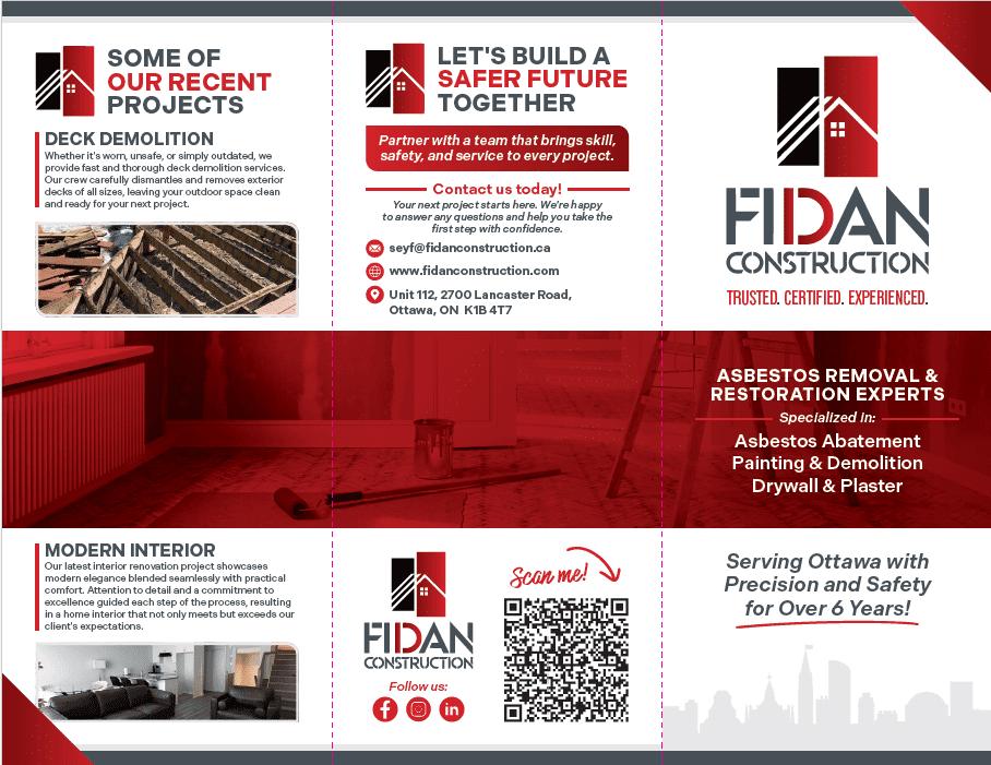 Fidan Construction brochure front — recent projects, contact info, and services