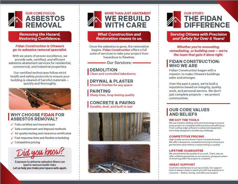Fidan Construction brochure back — asbestos removal, services, and company values