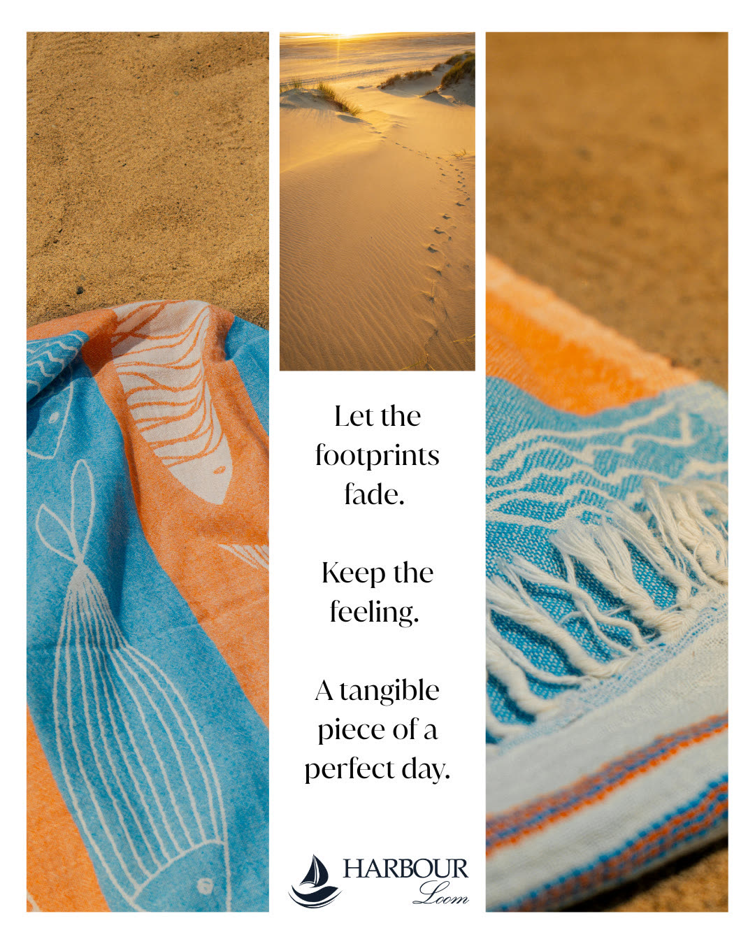 Three-panel Harbour Loom post — a blue and orange fish-print towel on sand, footprints through sunlit dunes, and a fringed woven edge in close-up