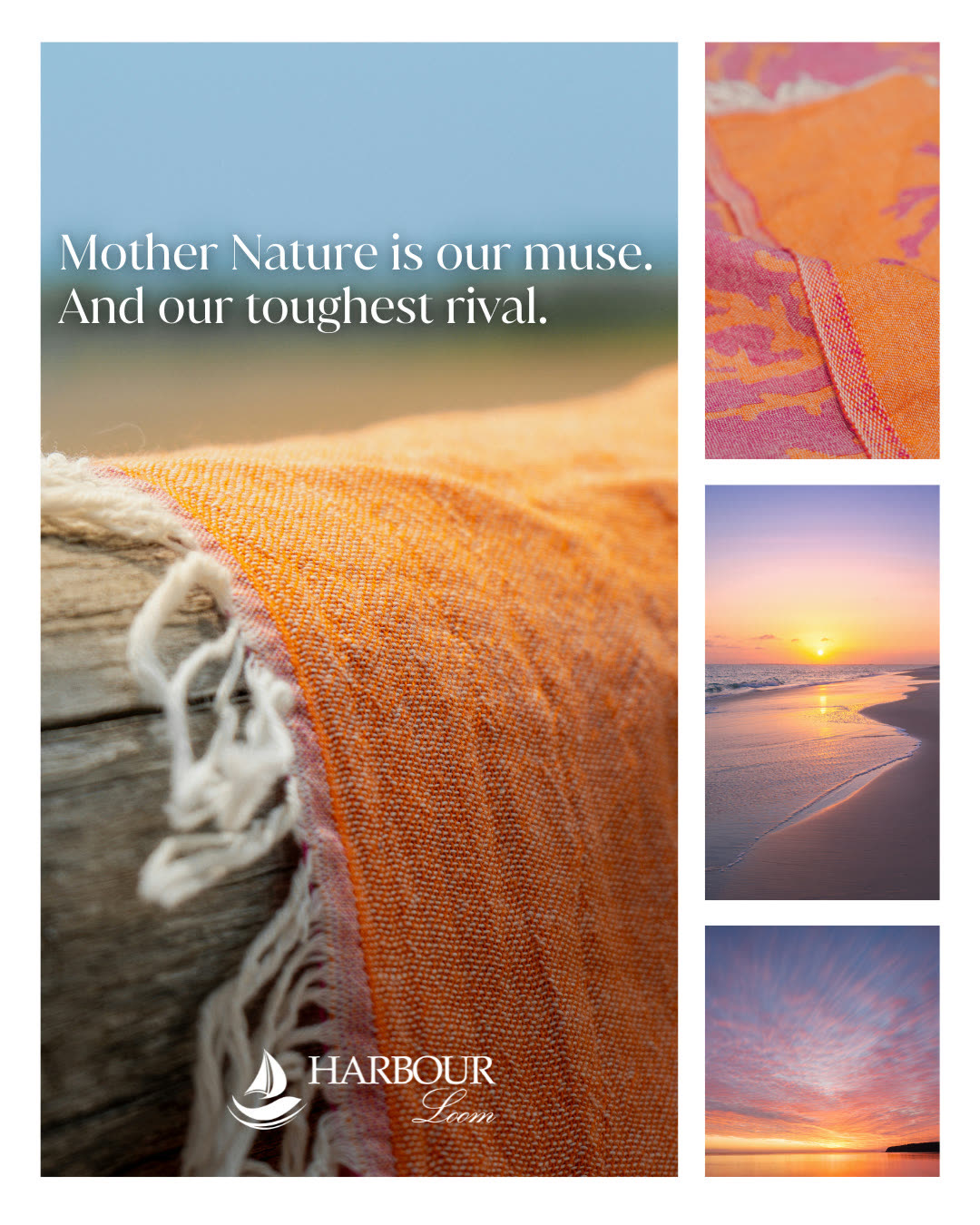Harbour Loom post — an orange fringed towel draped over driftwood beside three smaller frames of weave, sunset shore and sunset sky