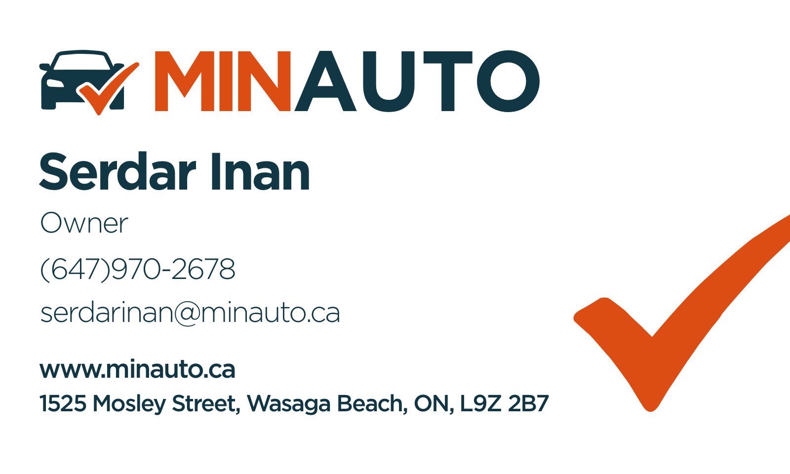 MinAuto business card — horizontal lockup, owner contact details, and an oversized orange checkmark bleeding off the right edge