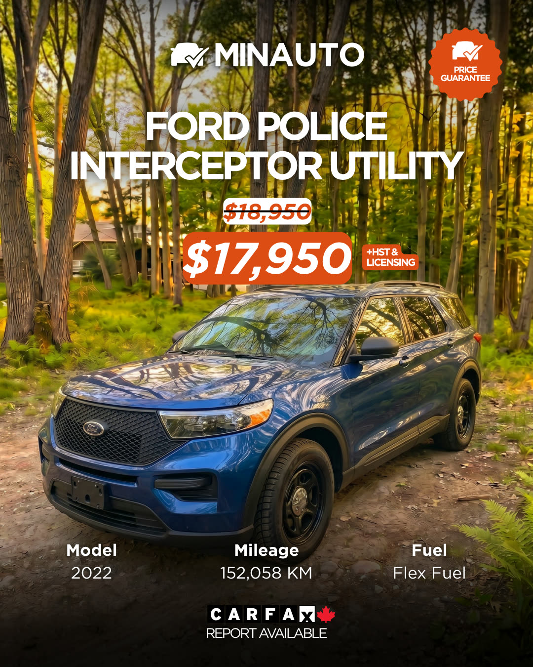 The current MinAuto listing card — Ford Police Interceptor Utility with a struck-through old price, price-guarantee seal and Carfax badge